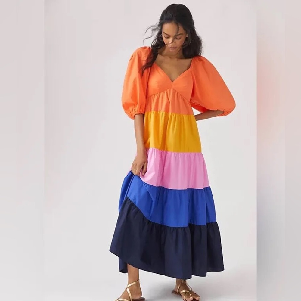 Farm Rio Colorblock Puff Sleeve Maxi Dress